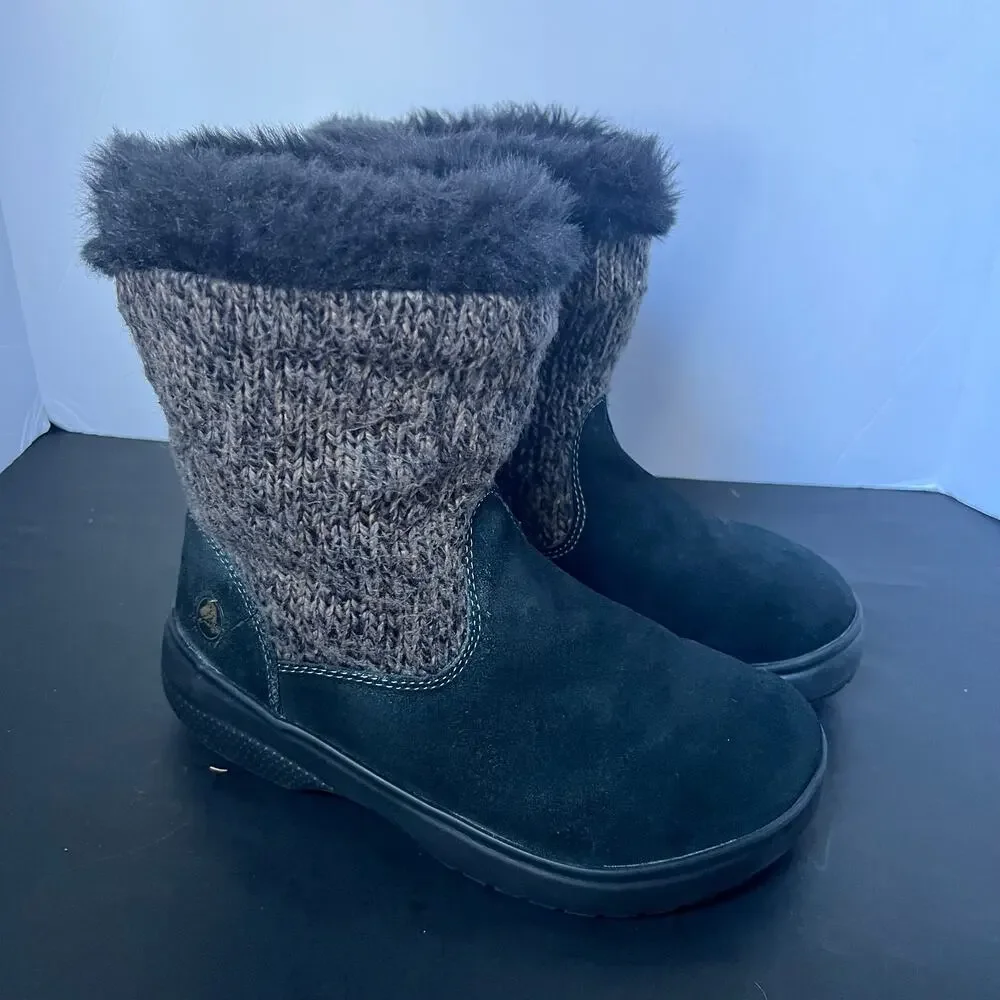 Crocs Womens Cozycrocs Cozy Boots Gray Black Leather Faux Fur Trim size 7